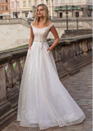 Blush Beaded Tulle Wedding Dress With Pockets